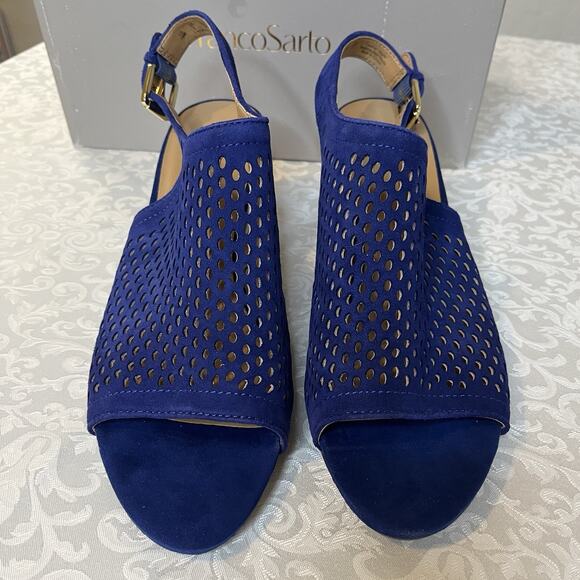 Franco Sarto Navy Blue Leather Suede Block Heel Sandals Size 10 NEW - Picture 4 of 7